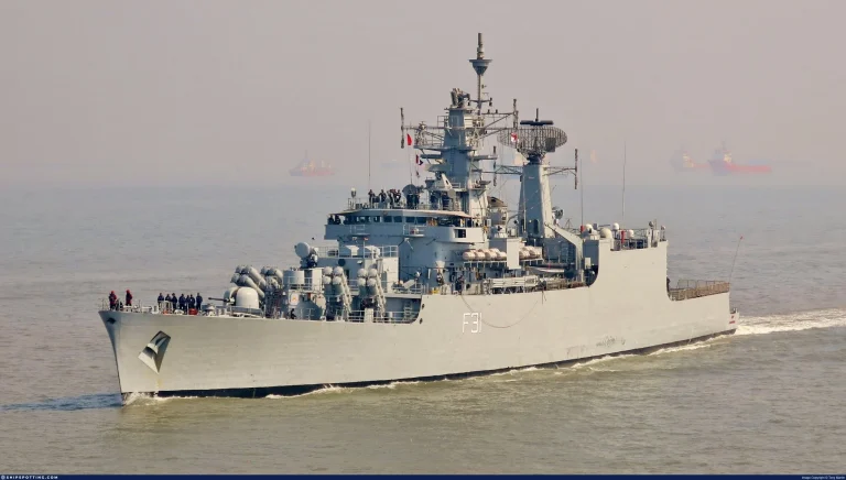 INS Brahmaputra, an Indian Navy warship, sailing on the water.